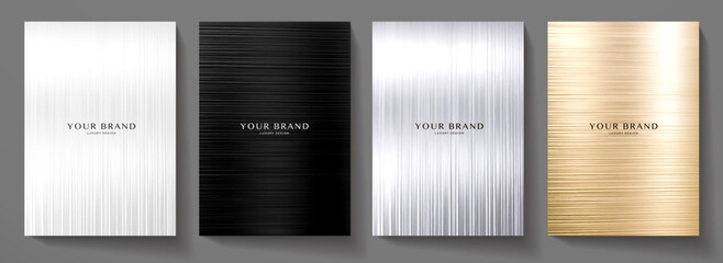 Premium stripe cover design set. Luxury line pattern with metallic gloss in gold, silver, black, white color. Formal vector background for business brochure, poster, notebook, menu template
