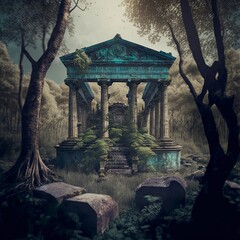 AI generated art of abandoned ancient Roman stone temple in the jungle reclaimed by Mother Nature. 