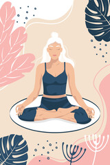 Fototapeta na wymiar Relaxing, calm woman training yoga lotos asana, vector illustration