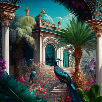 Traditional Indian temple garden with peacock at the entrance. Generative AI.