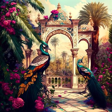 Traditional Indian temple garden with peacock at the entrance. Generative AI.