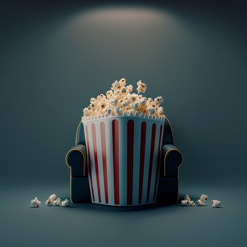 3d Render Of A Classic Striped Popcorn Box Standing On Cinema Seat. Concept For Going To Movie Theatre Versus Watching From Streaming Services