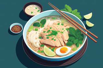 Pho ga soup illustration. Vietnamese cuisine. Street Food. Generative AI.