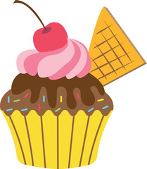 Cupcake with chocolate dripping and cherry. Sweet cartoon dessert