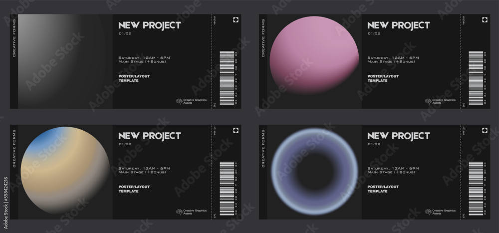 Poster gradient aesthetic art modern ticket design collection. template set layouts with blurred digital gr