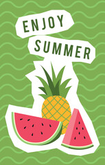 Enjoy summer banner. Vertical poster template with fresh fruits