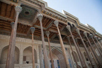 Bolo-House complex with carved wooden columns in Bukhara in Uzbekistan.