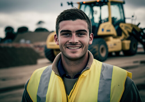 A Dedicated Construction Team Member with a Winning Smile on a Construction Site with Machine in Background Generative AI