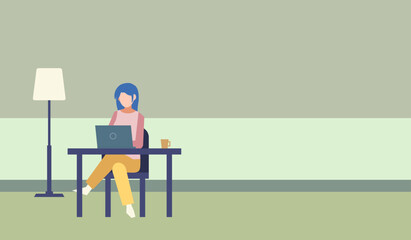 在宅ワークのイメージ　女性　人物フラットイラスト