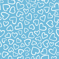 seamless background with white doodle hearts on blue background