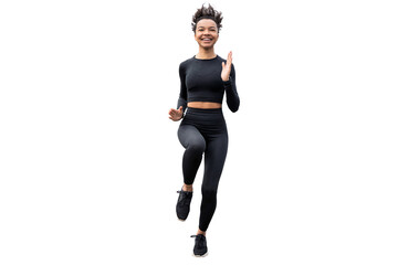 A sporty girl is running, enjoying a fitness workout in fitness clothes, transparent background.