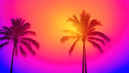 Obraz na płótnie Canvas Dark palm trees silhouettes on colorful tropical ocean sunset background.