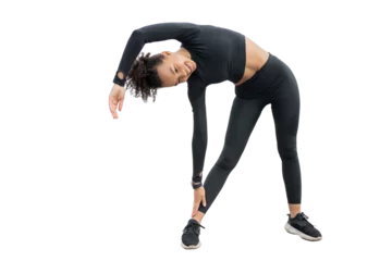 Fotobehang Smiling athletic girl enjoying a fitness workout in fitness clothes, transparent background. © muse studio