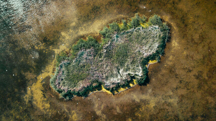 amazing aerial view of blue and pink lakes, sea on horizon. Beautiful natural landscape. Drone shot, bird's eye.