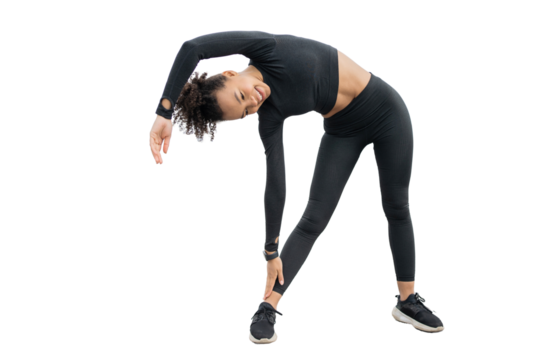 Smiling athletic girl enjoying a fitness workout in fitness clothes, transparent background.