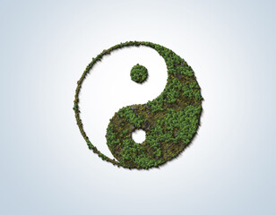Green Nature Elements Yin Yang 3d concept. Taoism Symbol with green trees. - obrazy, fototapety, plakaty