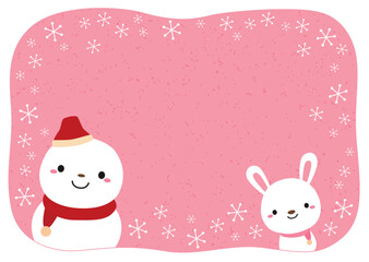 雪だるまとうさぎの冬バナー/ピンク/文字なし