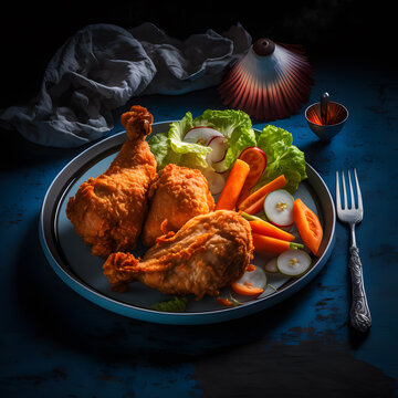 photo crispy fried chicken on a plate with salad and carrot food photography
