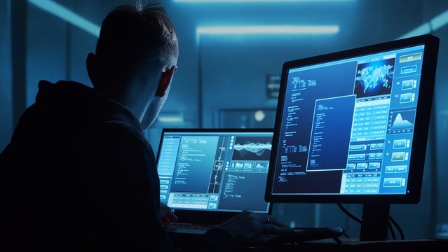 Computer Hacker in Hoodie. Obscured Dark Face. Concept of Hacker Attack, Virus Infected Software, Dark Web and Cyber Security.