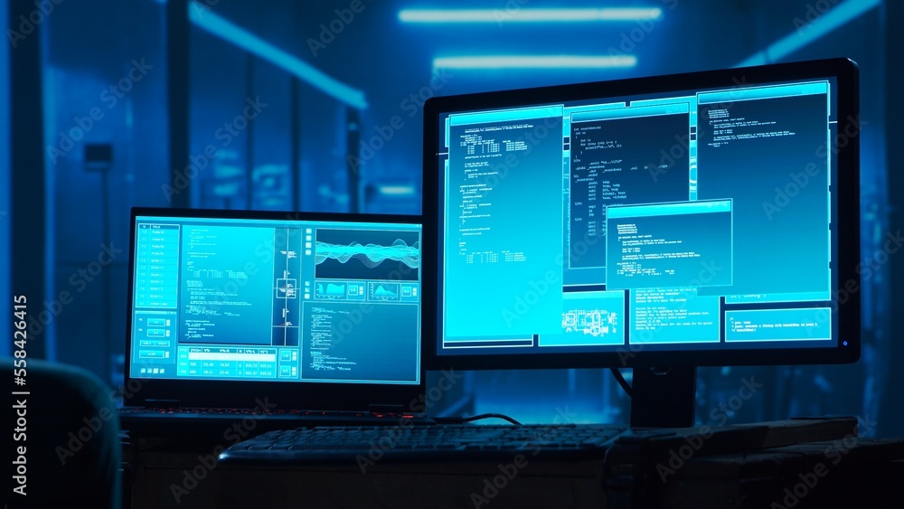 Wall mural computer screen over server room background. concept of hacker attack, virus infected software, dark