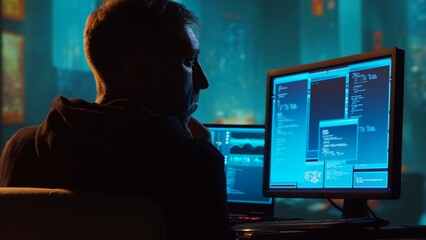 Computer Hacker in Hoodie. Obscured Dark Face. Concept of Hacker Attack, Virus Infected Software, Dark Web and Cyber Security.