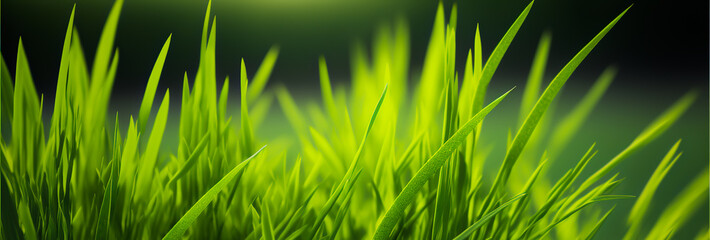 Green grass in a selective light on dark background. Abstract green glass background for banner or post card. Grass as design element. Generative AI grass pattern.