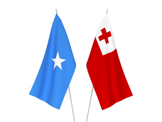 National fabric flags of Somalia and Kingdom of Tonga isolated on white background. 3d rendering illustration.