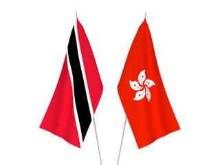 National fabric flags of Hong Kong and Republic of Trinidad and Tobago isolated on white background. 3d rendering illustration.