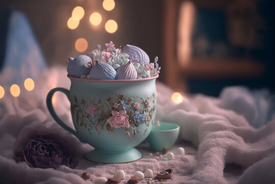 Floral vintage mug full of hot chocolate on the coffee table, pastel macrons