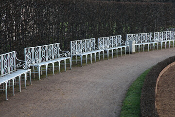 White lace benches in the park along the path on an autumn day.