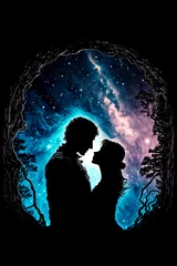 Fotobehang Couple kissing silhouette on a starry sky background. Couple eternal love concept. Passion, love and romance background or design element. Generative AI Valentine's Day or wedding background. © Sergie