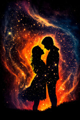 Couple kissing silhouette with red flame and fireflies on black background. Couple love concept. Passion, love or romance background or design element. Generative AI Valentine's day background.