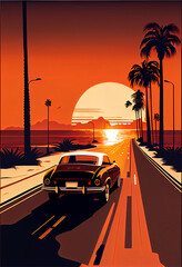 Car driving down the road into the sun