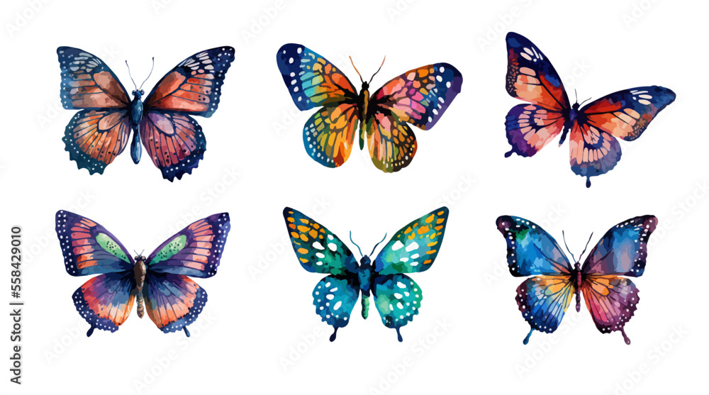 Wall mural Colorful watercolor butterflies set