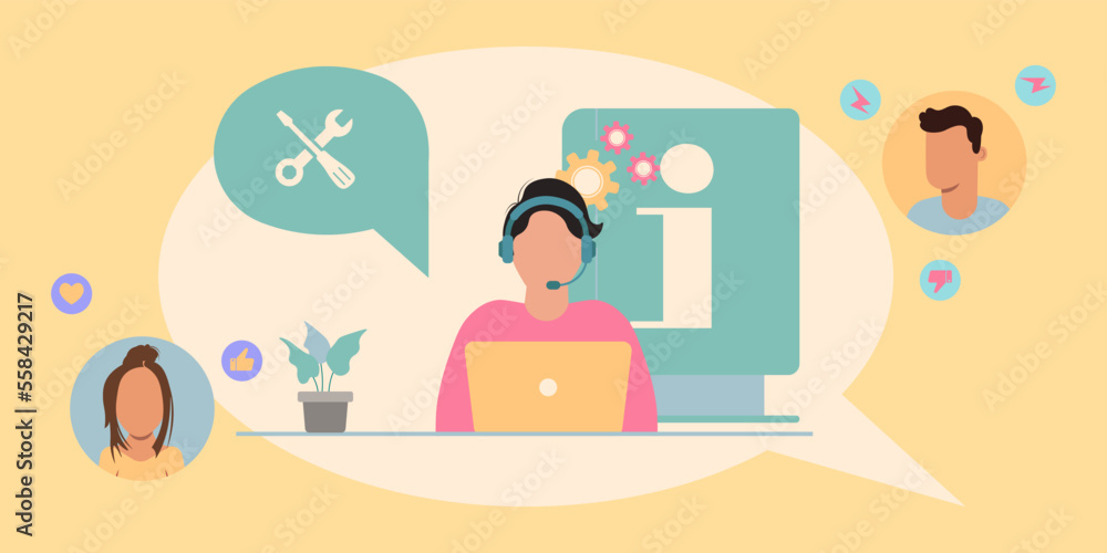 Poster concept with support laptop in a flat design. help communication