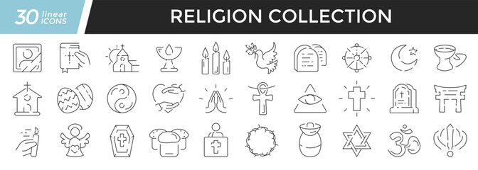 Fototapeta na wymiar Religion linear icons set. Collection of 30 icons in black