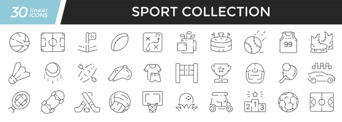 Sport linear icons set. Collection of 30 icons in black