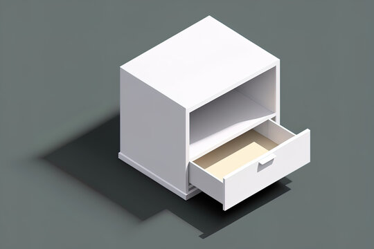 View from above of a cabinet, closet, or nightstand's white, empty, open drawer. Furniture mockup in form. Object in a living room or office. Generative AI