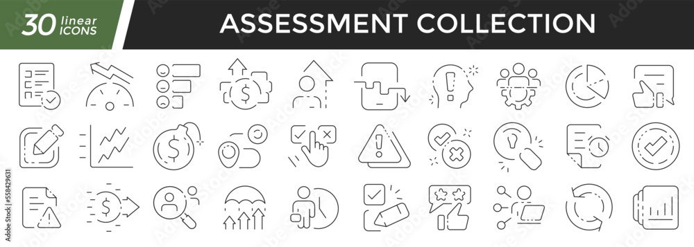 Poster assessment linear icons set. collection of 30 icons in black