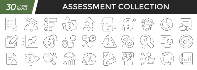 Assessment linear icons set. Collection of 30 icons in black