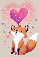 Happy fox cub with hearts around. Valentine's Day. AI generated