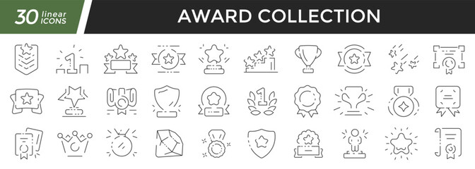 Fototapeta na wymiar Award linear icons set. Collection of 30 icons in black