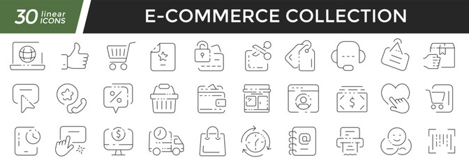 Fototapeta na wymiar E-commerce linear icons set. Collection of 30 icons in black