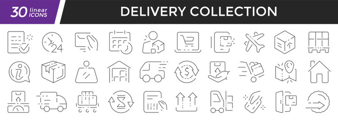 Fototapeta na wymiar Delivery linear icons set. Collection of 30 icons in black