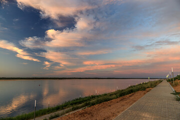 beautiful sunset on the embankment of light yar river volga russia