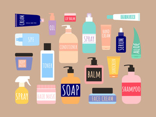 Big set of beauty products. Cosmetics bottles for haircare, bodycare and skincare. Vector flat illustration of creams, shampoo, balm, toner, sunscreen, etc.