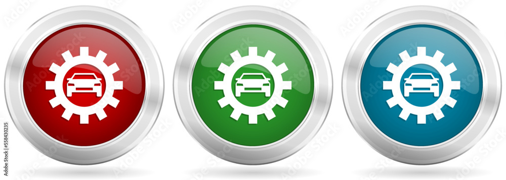 Poster Auto service vector icon set. Red, blue and green silver metallic web buttons with chrome border