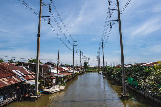 Bangkok.thailand 29.10.2022 landscape view of Burirom Canal at hua takhe market..Hua Takhe Market is the ancient wood market by Privet Burirom Canal.