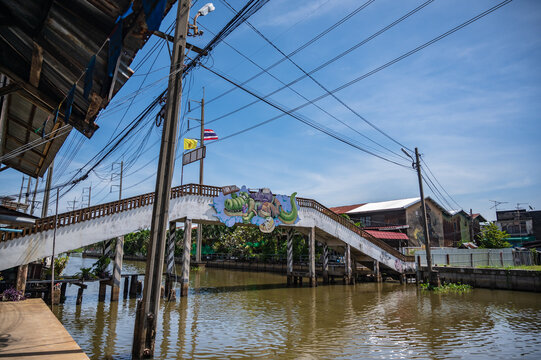 Bangkok.thailand 29.10.2022 landscape view of Burirom Canal at hua takhe market..Hua Takhe Market is the ancient wood market by Privet Burirom Canal.