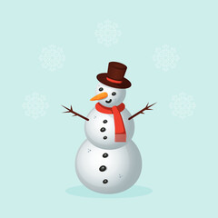 Merry Christmas greeting card with a cute snowman and falling snowflakes. Vector illustration.